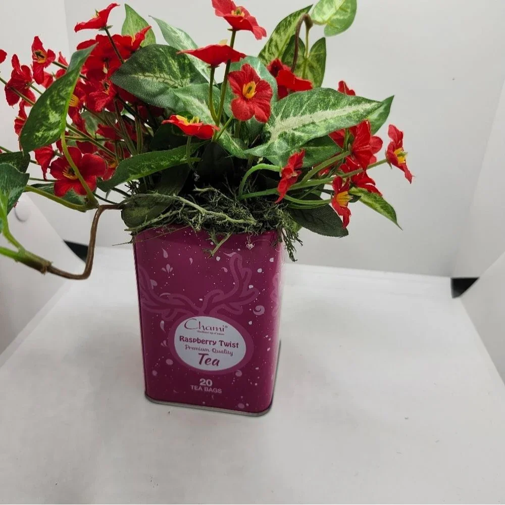 Hand Crafted Floral Table Centerpiece Spring Red Flower Tea Tin